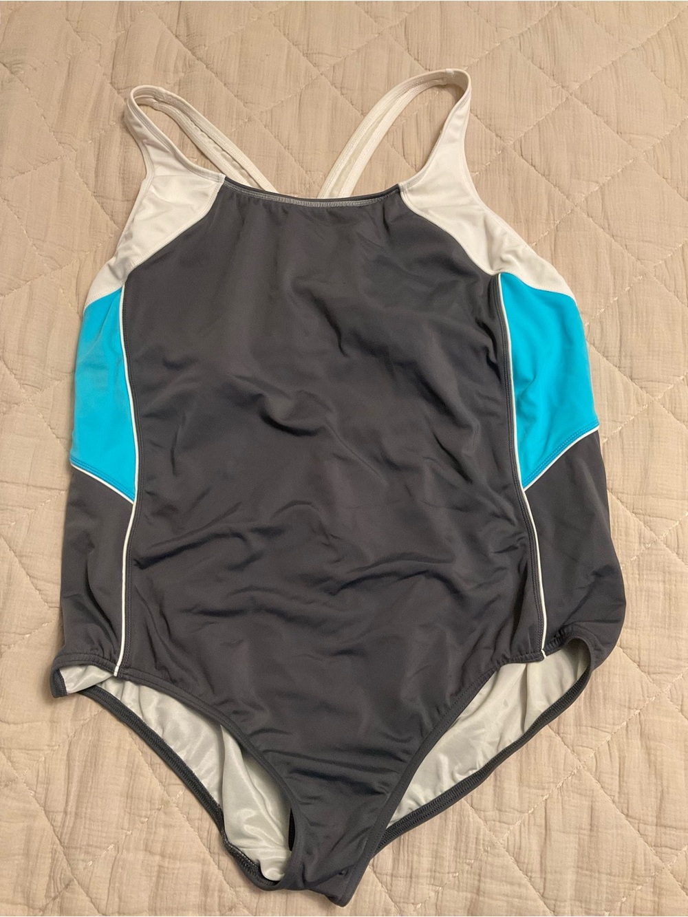 Lands' End Charcoal One-Piece Swimsuit with Turquoise Panels size 20 Long Torso